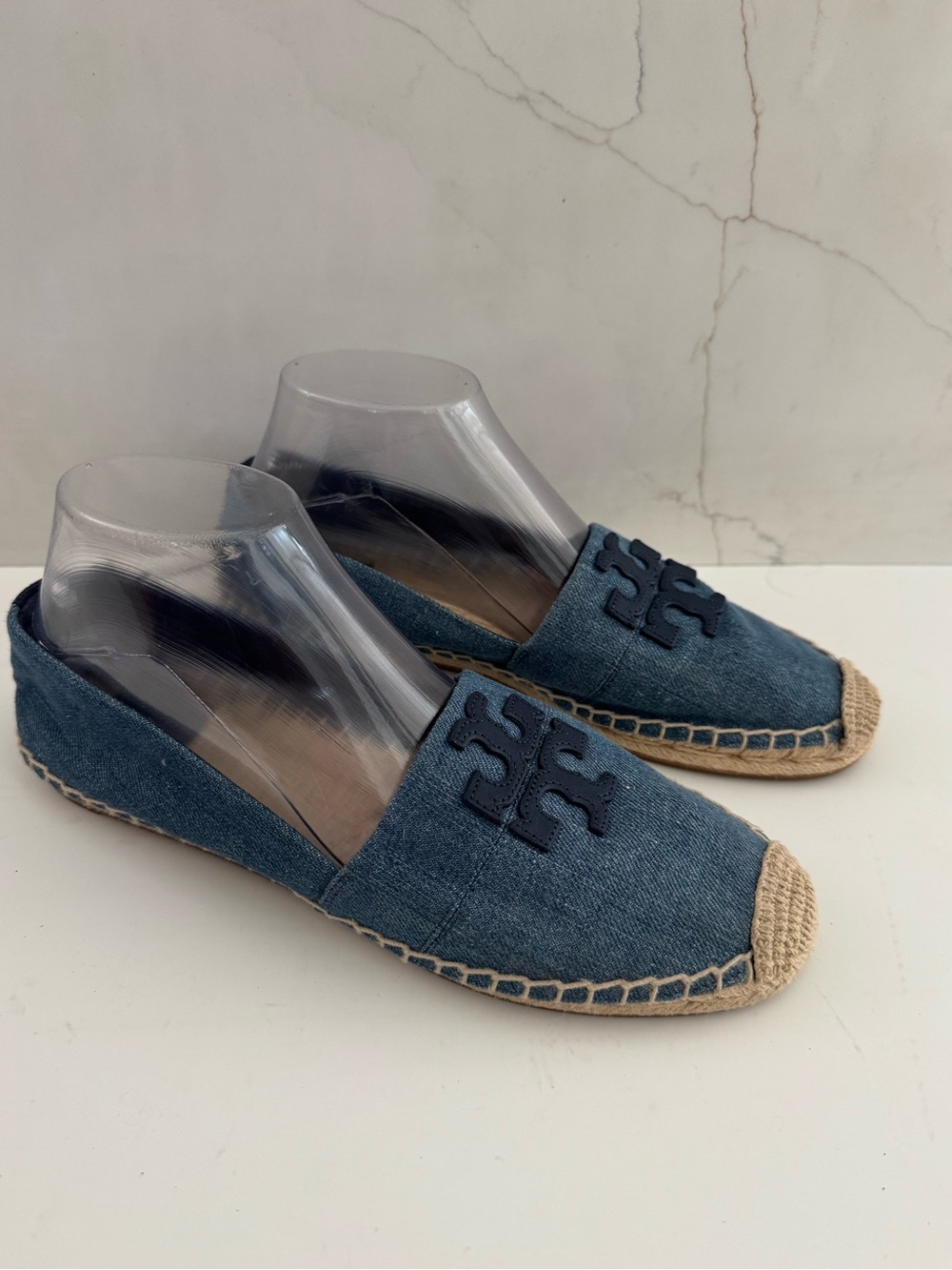 Tory Burch Weston Flat Espadrille Blue Denim Chambray Canvas  Sz 9 Slip On Shoes